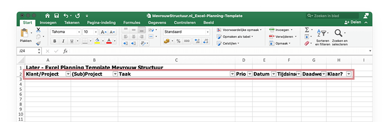 Planning maken in Excel stap 